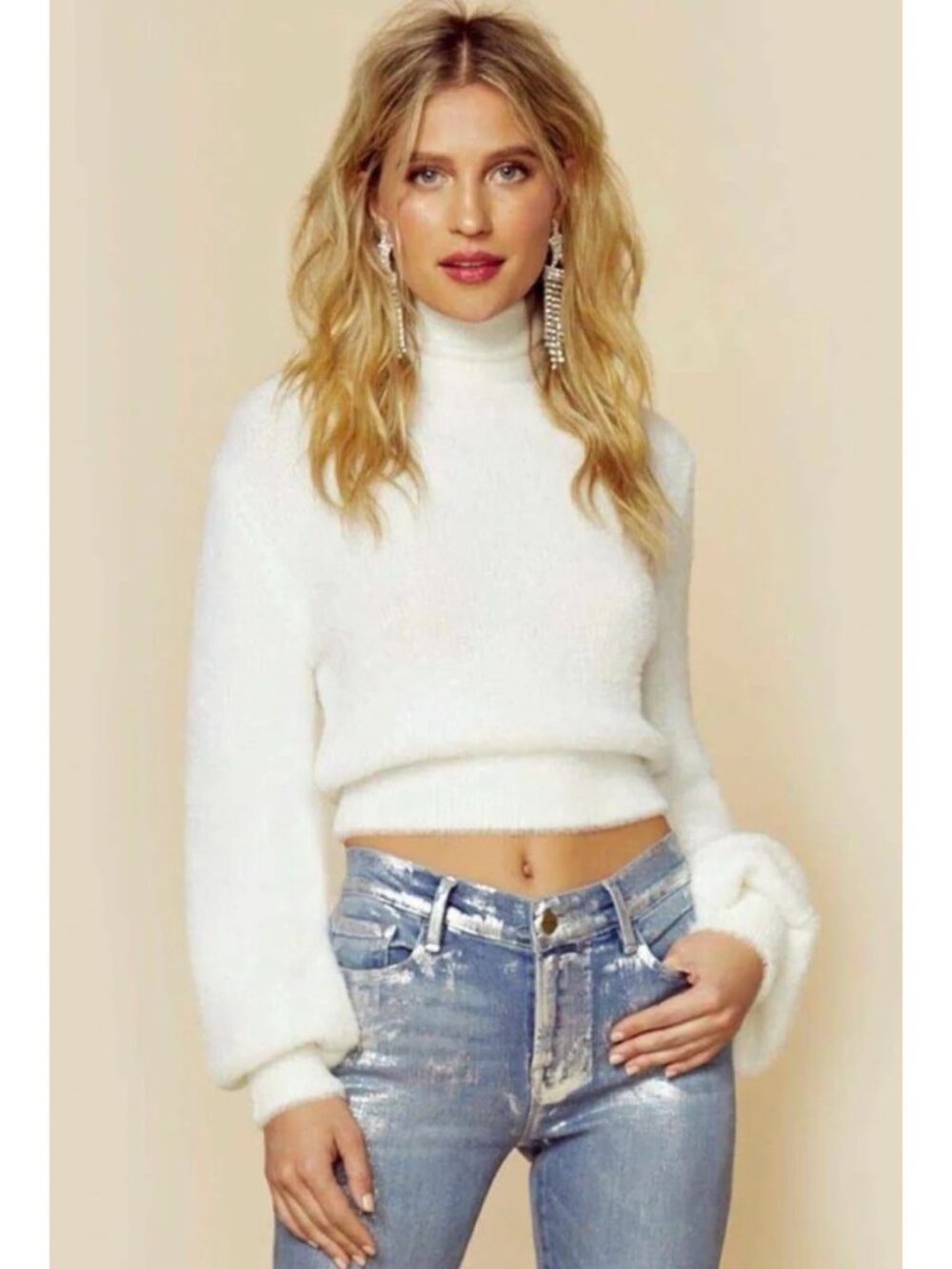 For Love & Lemons Myriam Cropped Turtleneck Sweater in White